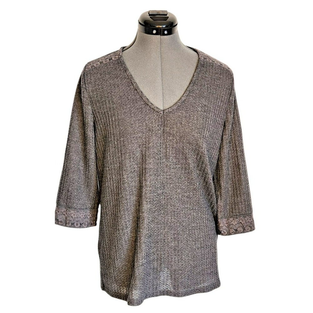 Lucky Brand Womens Waffle Knit V-Neck Top Grey Lace Trim 3/4 Sleeve Large